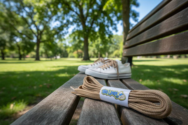 a pair of flat dark beige shoelaces