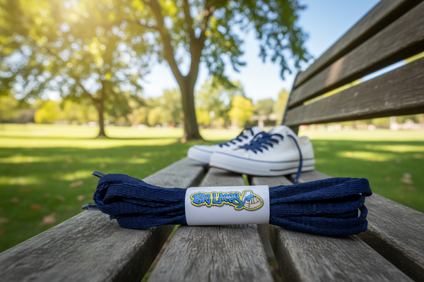 a pair of flat dark blue shoelaces