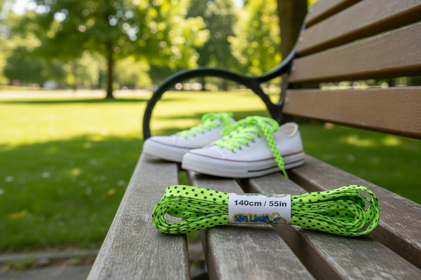 a pair of neon green shoelaces with black dots