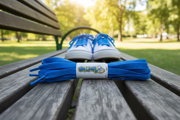 a pair of flat bright blue elastic laces