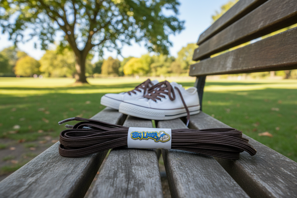 a pair of flat brown elastic laces