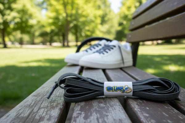 a pair of flat dark grey elastic laces