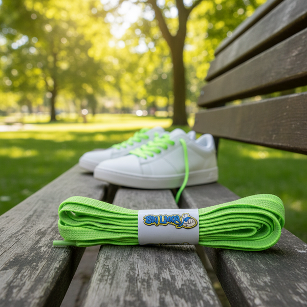 a pair of flat green elastic laces