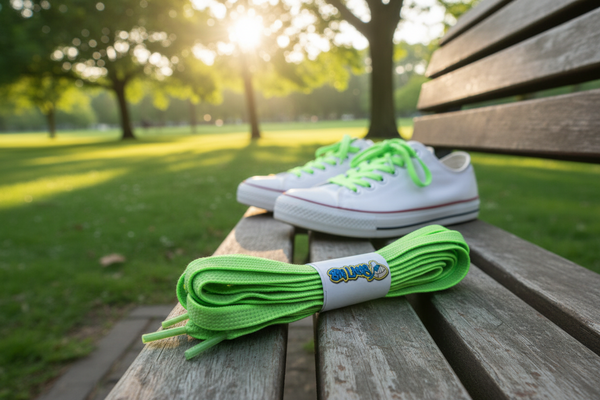 a pair of flat green elastic laces