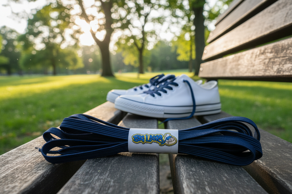 a pair of flat navy blue elastic laces