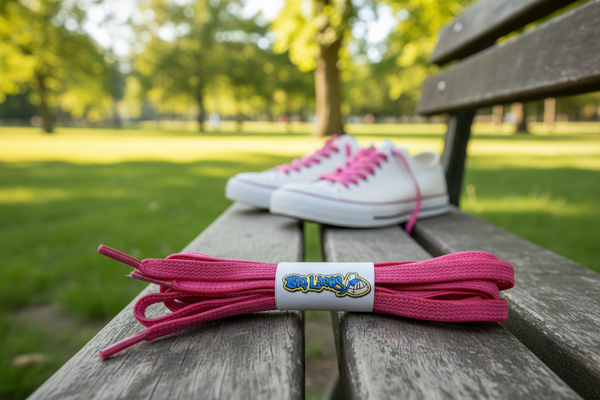a pair of flat pink elastic laces