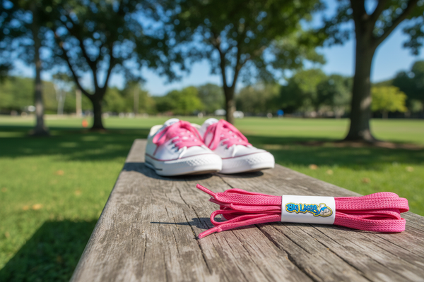 a pair of flat pink elastic laces