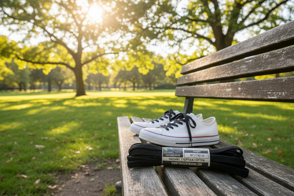 a pair of flat fairtrade black cotton laces for shoes