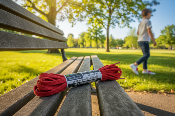 a pair of flat fairtrade red cotton laces for shoes