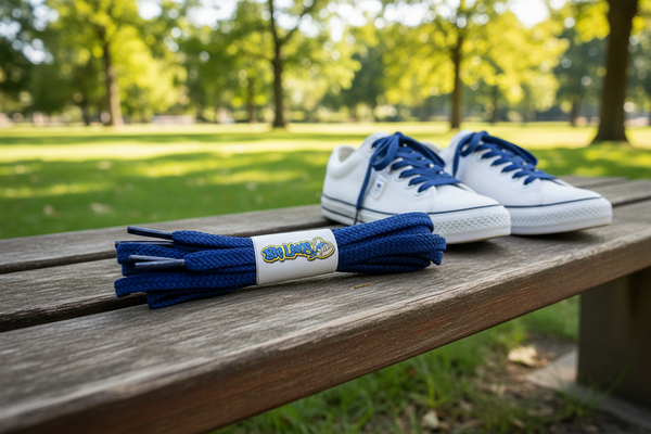 a pair of flat french navy blue 10mm wide shoelaces