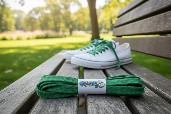 a pair of flat green cotton shoelaces
