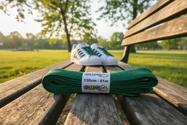 a pair of wide green shoelaces suitable for adidas superstar shoes
