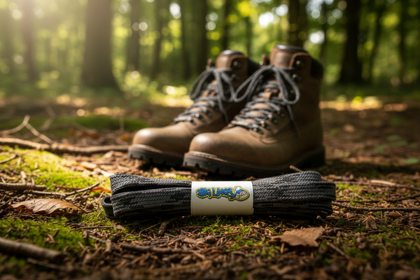 a pair of flat grey bootlaces with black flecks suitable for hiking and walking boots