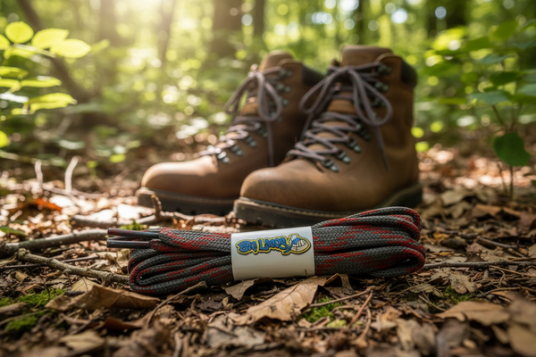 a pair of flat grey bootlaces with red flecks suitable for hiking and walking boots