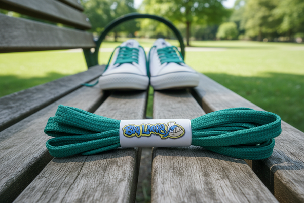 a pair of flat jade green shoelaces