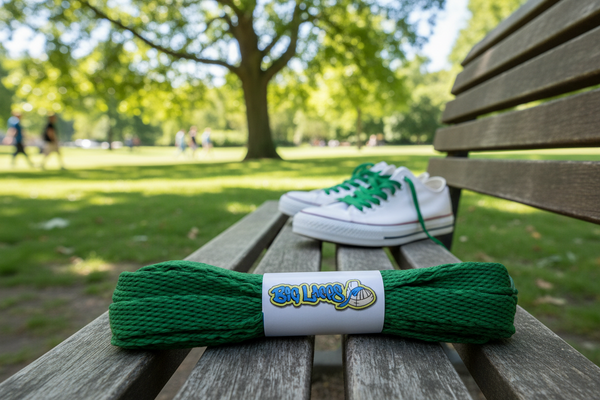 a pair of flat kelly green 10mm wide shoelaces