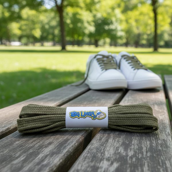 a pair of flat khaki cotton shoelaces
