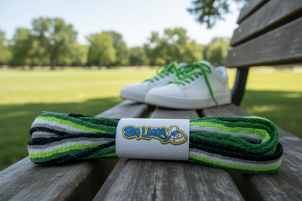 a pair of flat aro aromantic pride flag shoelaces
