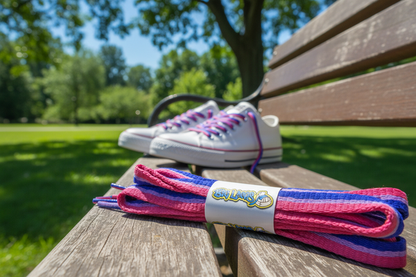 a pair of flat bi pride flag shoelaces
