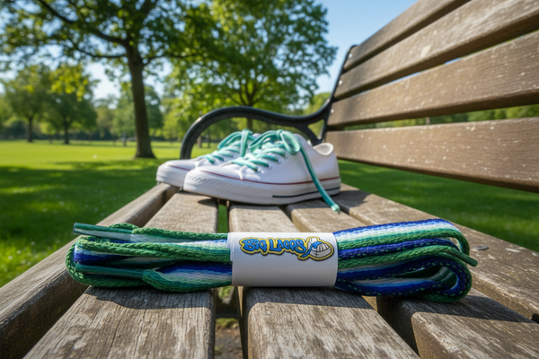 a pair of flat gay pride flag shoelaces
