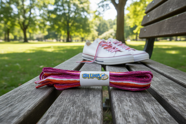 a pair of flat lesbian pride flag shoelaces

