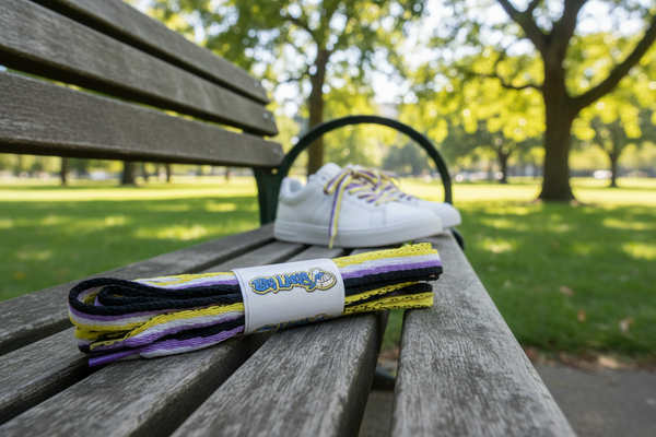 a pair of flat non-binary pride flag shoelaces
