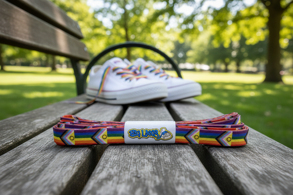 a pair of flat progress pride flag shoelaces
