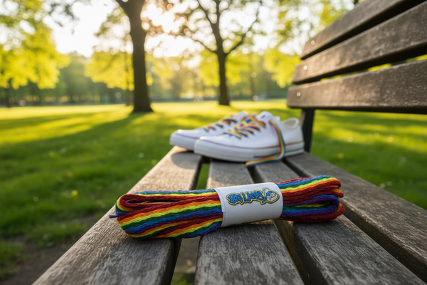 a pair of flat rainbow pride flag shoelaces
