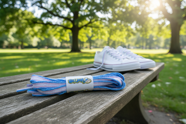 a pair of flat trans pride flag shoelaces
