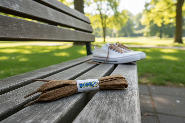 a pair of flat light brown cotton shoelaces
