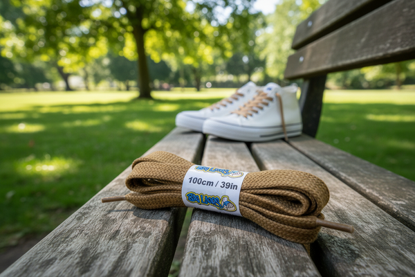 a pair of flat light brown cotton shoelaces
