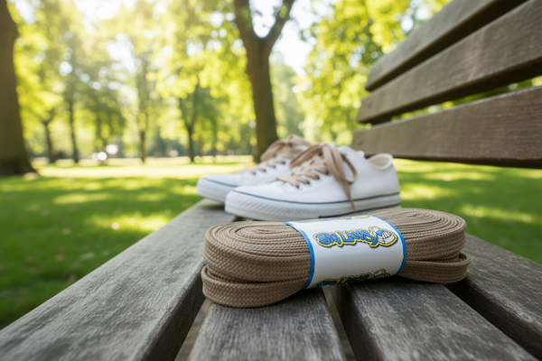 a pair of flat 8mm wide light brown shoelaces