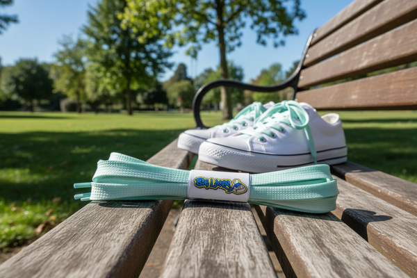 a pair of flat tie dye light green 10mm wide shoelaces
