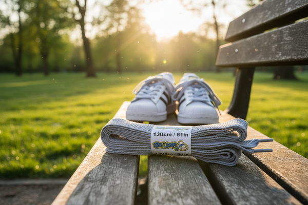a pair of wide light grey shoelaces suitable for adidas superstar shoes