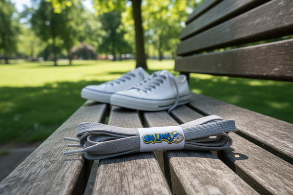 a pair of flat 8mm wide light grey shoelaces