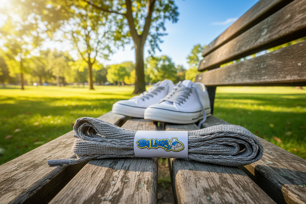a pair of flat light grey 10mm wide shoelaces