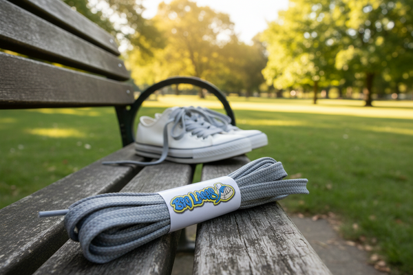 a pair of flat light grey shoelaces