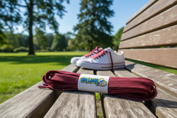 a pair of flat 8mm wide maroon shoelaces
