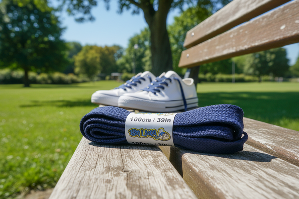 a pair of flat navy blue cotton shoelaces
