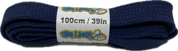 a pair of flat navy blue cotton shoelaces

