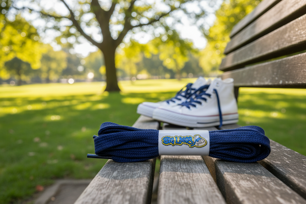 a pair of flat navy blue cotton shoelaces
