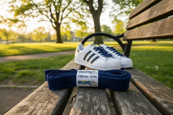a pair of wide navy blue shoelaces suitable for adidas superstar shoes