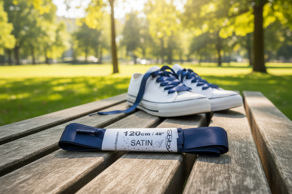 a pair of navy blue satin ribbon laces