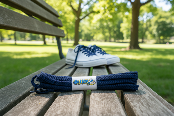 a pair of flat navy blue 10mm wide shoelaces