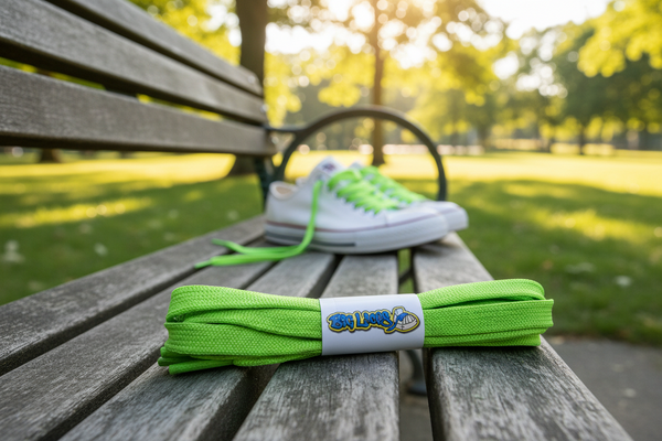 a pair of flat 8mm wide neon green shoelaces