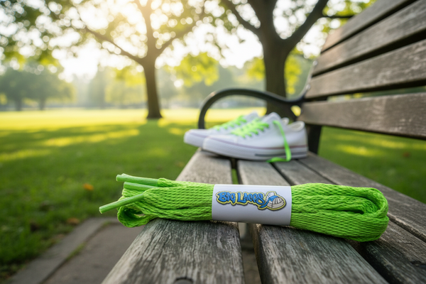 a pair of flat neon green 10mm wide shoelaces