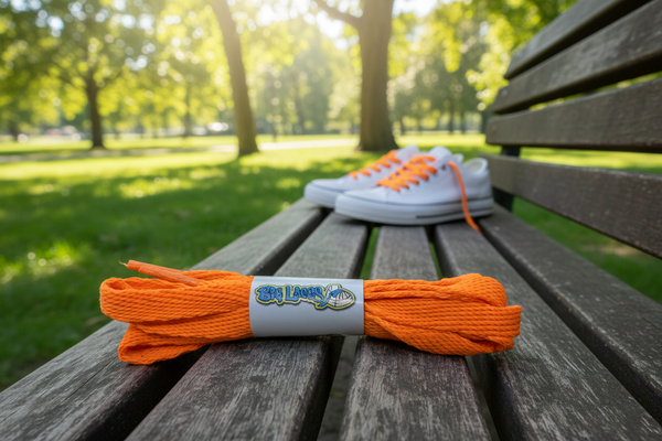 a pair of flat neon orange 10mm wide shoelaces