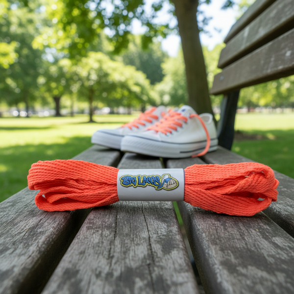 a pair of flat neon peach 10mm wide shoelaces