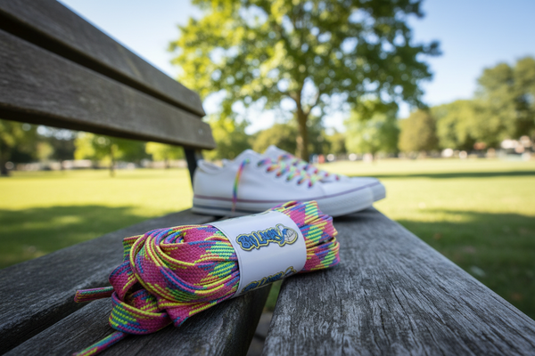 a pair of flat 8mm wide neon rainbow shoelaces