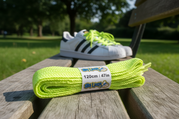 a pair of wide neon yellow shoelaces suitable for adidas superstar shoes